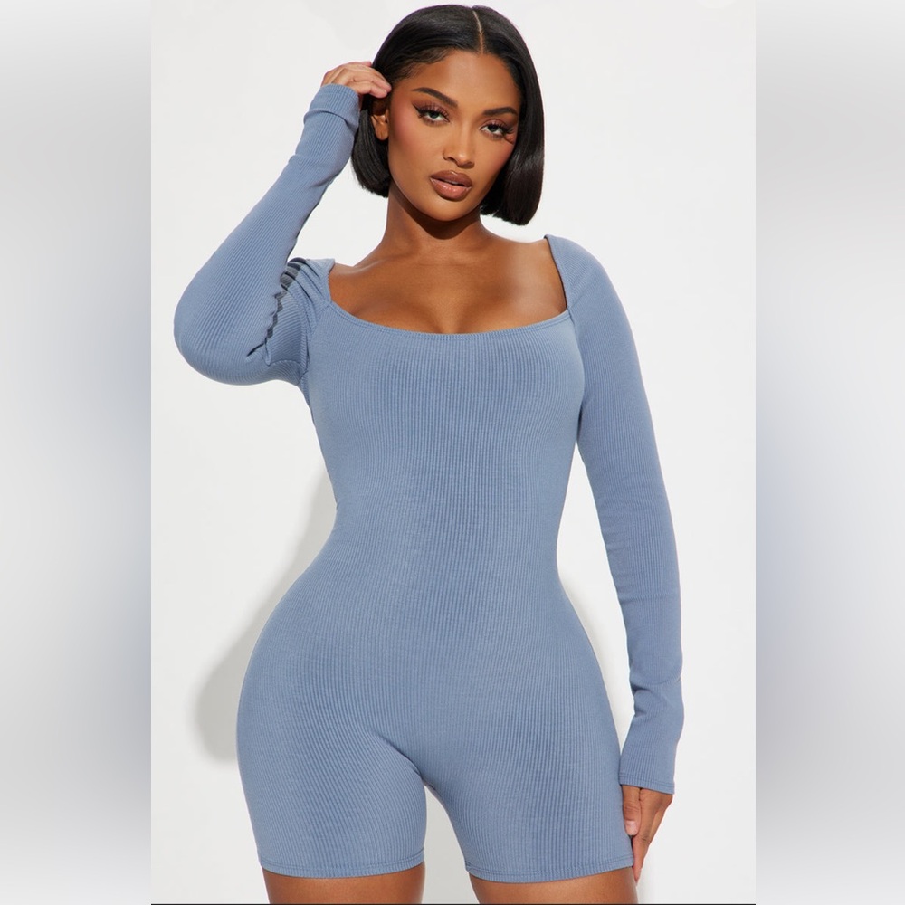 Fashion Nova Steel Blue Ribbed Long Sleeve Square Neck Romper